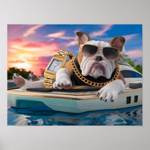 Wealthy Bulldog Character on Private Yacht Poster