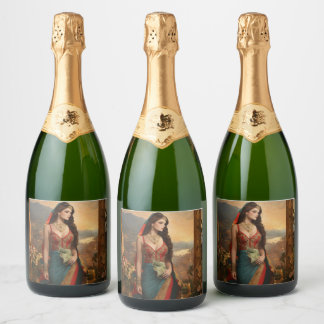 "Wealthy Elegance: Ladies with Full Counting Money Sparkling Wine Label