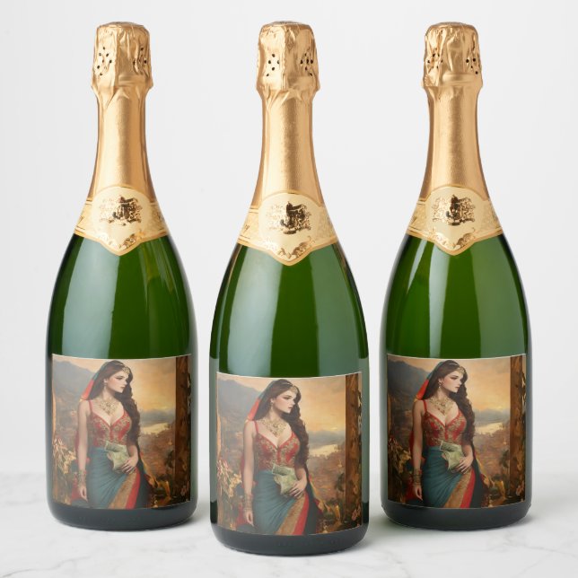 "Wealthy Elegance: Ladies with Full Counting Money Sparkling Wine Label (Bottles)