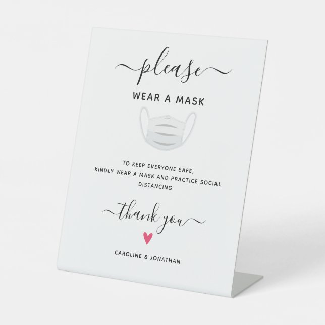 Wear a Mask Social Distancing Simple Wedding Heart Pedestal Sign (Front)