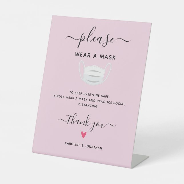 Wear a Mask Social Distancing Simple Wedding Heart Pedestal Sign (Front)
