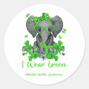Wear Green For Mental Health Awareness Ribbon Elep Classic Round Sticker
