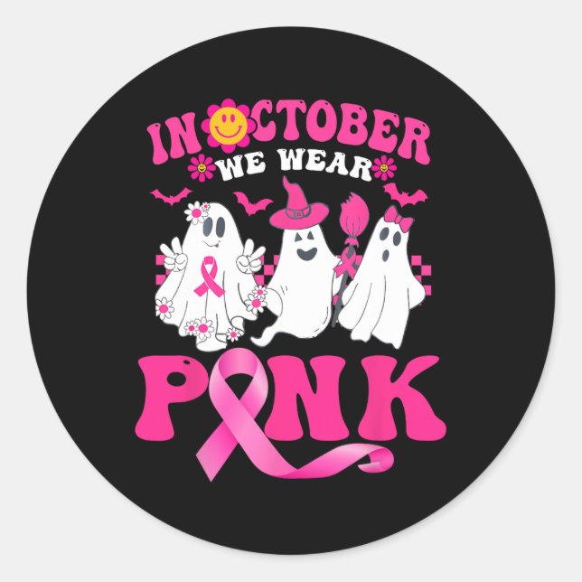 Wear Pink Breast Cancer Warrior Cute Ghost Hallowe Classic Round Sticker (Front)