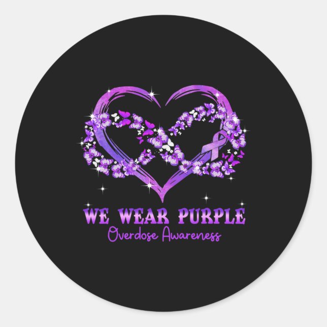 Wear Purple Butterfly Heart Overdose Awareness  Classic Round Sticker (Front)