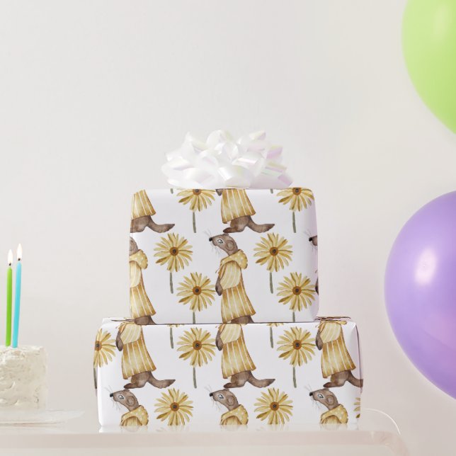 Weasel Dressed in Striped Yellow , Yellow Flowers Wrapping Paper (Party Gifts)