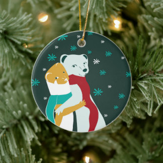 Weasel hugs in Christmas  Teal Ceramic Tree Decoration