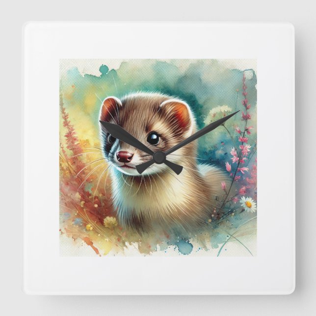 Weasel in Nature 290624AREF105 - Watercolor Square Wall Clock (Front)