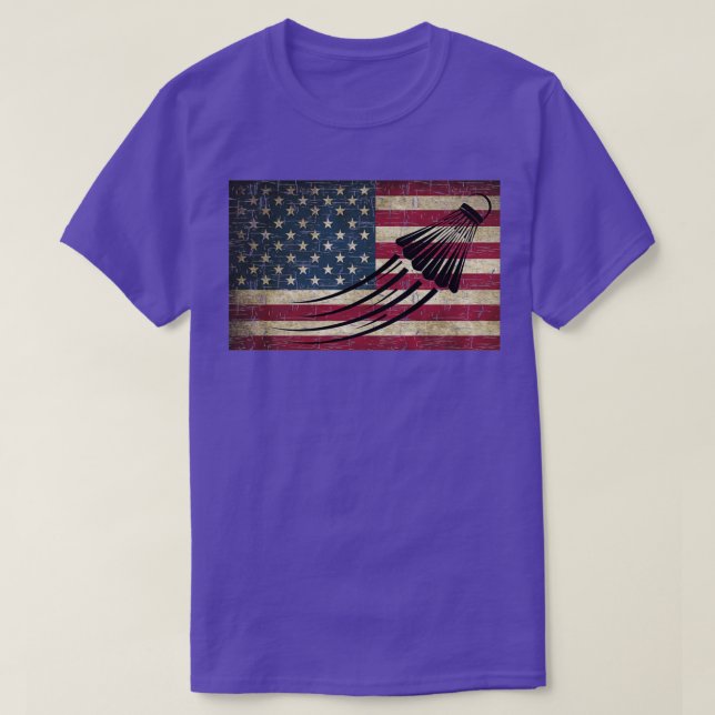Weathered American Flag Badminton Black Shuttlecoc T-Shirt (Design Front)