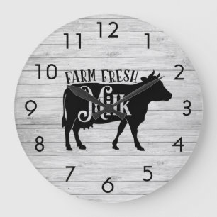 Weathered Barnboards Cow Silhouette Fresh Milk Large Clock