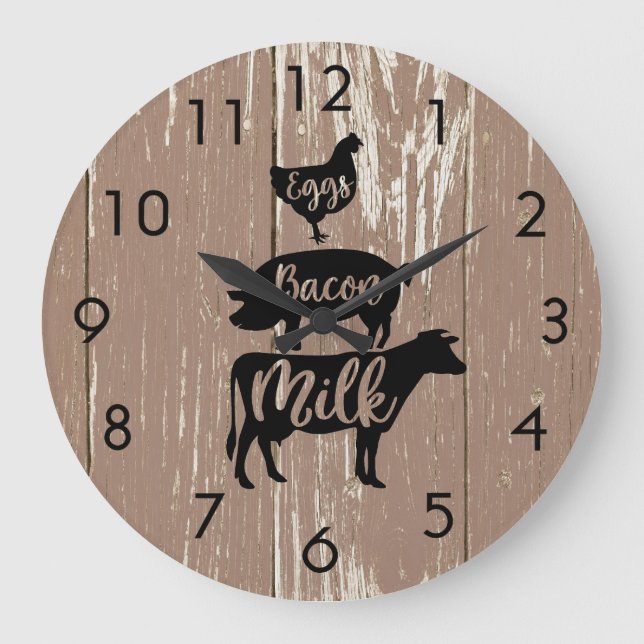 Weathered Barnboards Eggs Bacon Milk Animals Large Clock (Front)