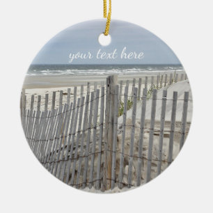 Weathered beach fence and ocean beach ceramic tree decoration
