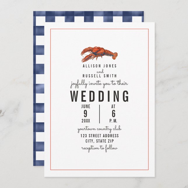 Weathered Blue Gingham Lobster Wedding Invitation (Front/Back)