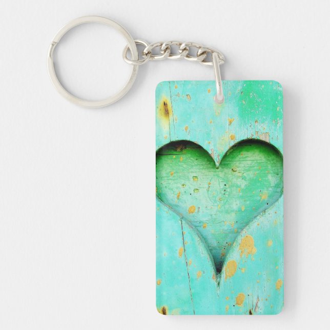 Weathered Blue Peeling Paint Wood Heart Symbol Key Ring (Front)