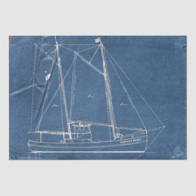 Weathered Blueprint Sailboat Nautical Decoupage  Tissue Paper (Front)