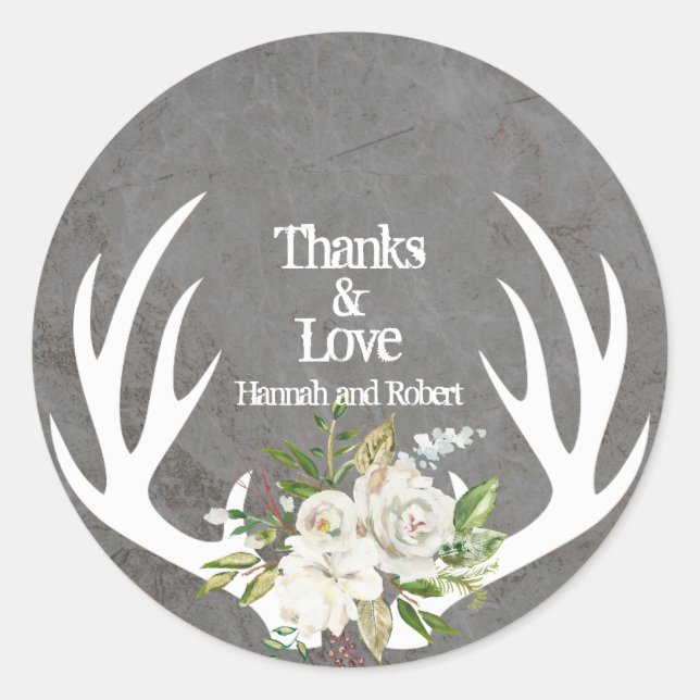 Weathered Boho Floral Thank You with Antlers Classic Round Sticker (Front)