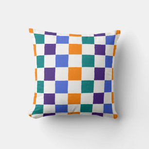 Weathered Chequerboard Orange, Teal, Blue, Purple Cushion