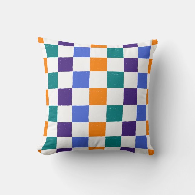 Weathered Chequerboard Orange, Teal, Blue, Purple Cushion (Front)