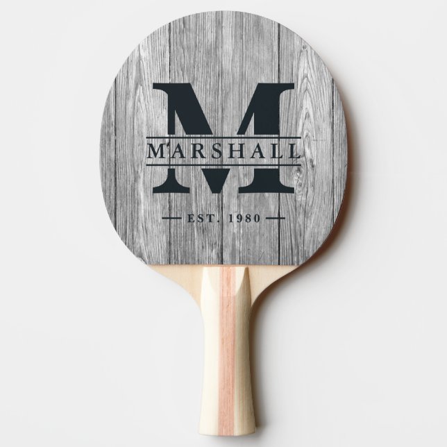 Weathered Dark Gray Wooden Monogram & Name Overlay Ping Pong Paddle (Back)