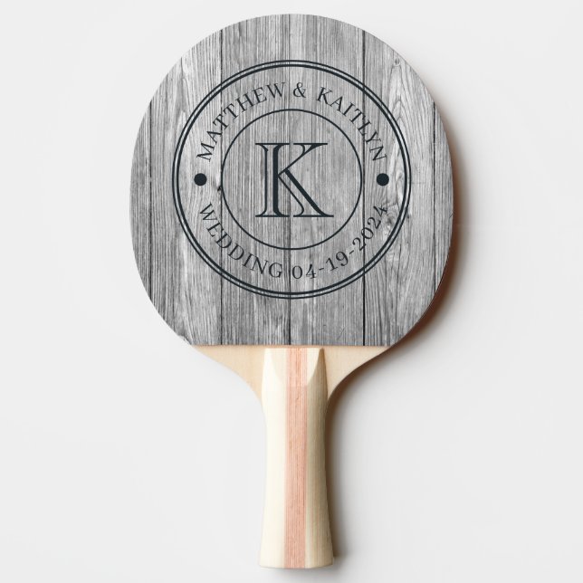 Weathered Dark Gray Wooden Wedding Monogram Ping Pong Paddle (Back)