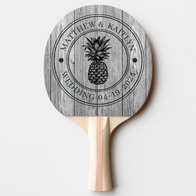 Weathered Dark Grey Pineapple Wedding Crest & Name Ping Pong Paddle (Back)