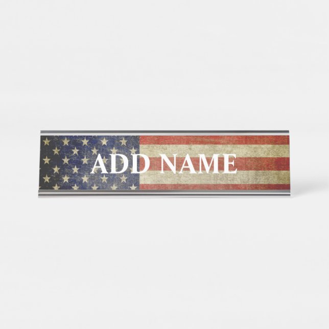 Weathered, distressed American Flag with Name Desk Name Plate (Front)