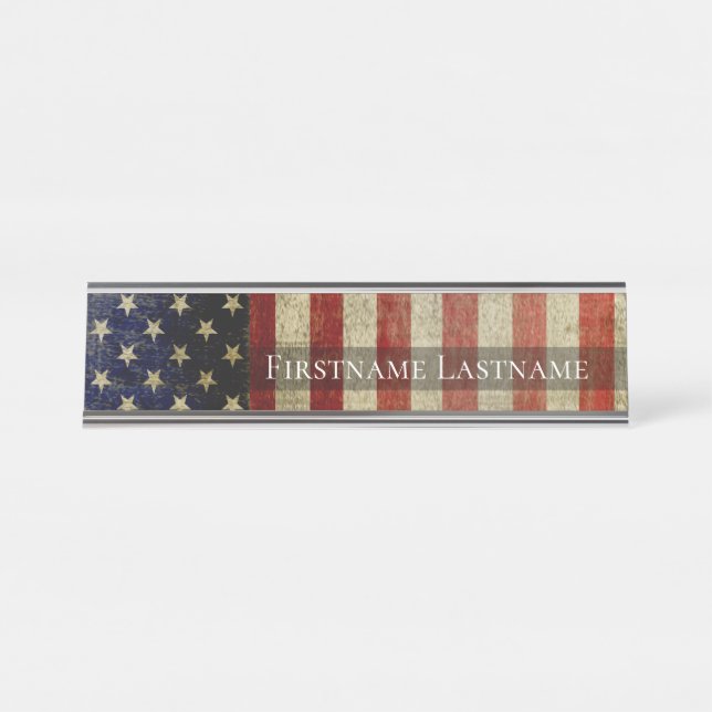 Weathered, distressed American Flag with Name Desk Name Plate (Front)