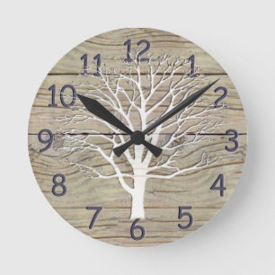 Weathered Driftwood with Tree Artwork Round Clock