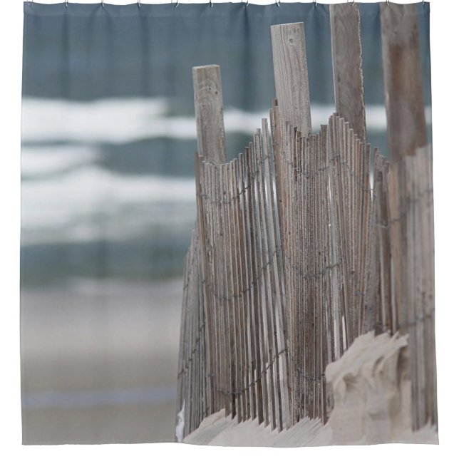 Weathered fence in the sand at the beach shower curtain (Front)