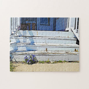 Weathered Front Porch Steps with Purple Violets Jigsaw Puzzle