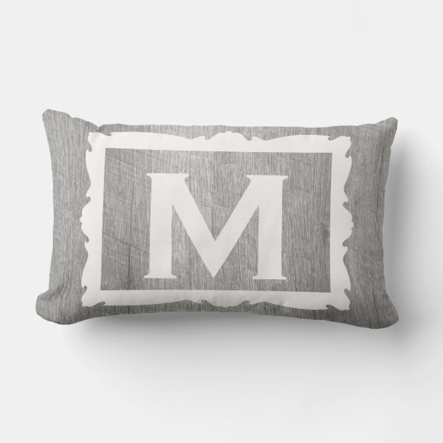 Weathered Grey Wood Rustic Framed Monogram Lumbar Cushion (Front)