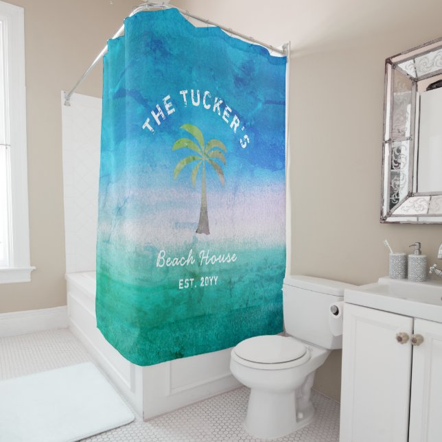 Weathered Ocean Blue Green Beach House Tropical Shower Curtain (In Situ)