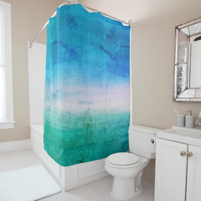 Weathered Ocean Blue Green Beachy Tropical Shower Curtain (In Situ)