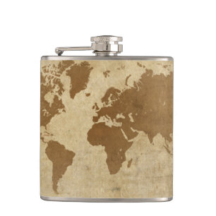 Weathered Parchment World Map Hip Flask