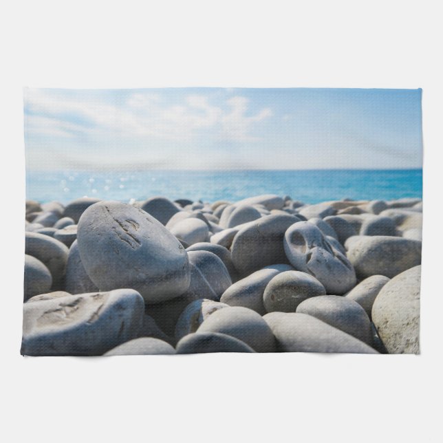 Weathered rock beach with sea and sky tea towel (Horizontal)