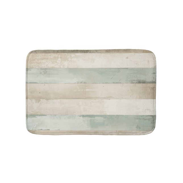 Weathered Soft Blue Tan Brown White Rustic Stripe Bath Mat (Front)