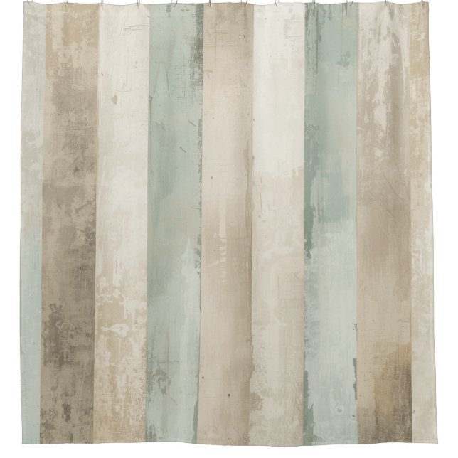 Weathered Soft Blue Tan Brown White Rustic Stripe Shower Curtain (Front)