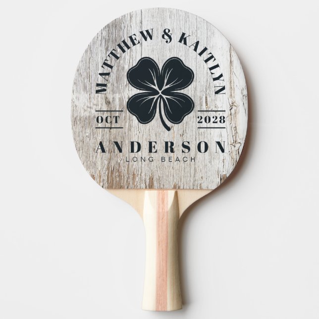 Weathered White Irish Lucky Clover Wedding Crest Ping Pong Paddle (Front)