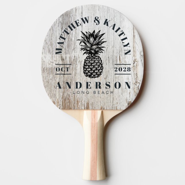 Weathered White Tropical Pineapple Wedding Crest Ping Pong Paddle (Back)