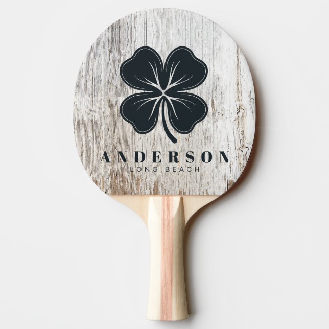 Weathered White Washed Four Leaf Clover with Name Ping Pong Paddle (Back)