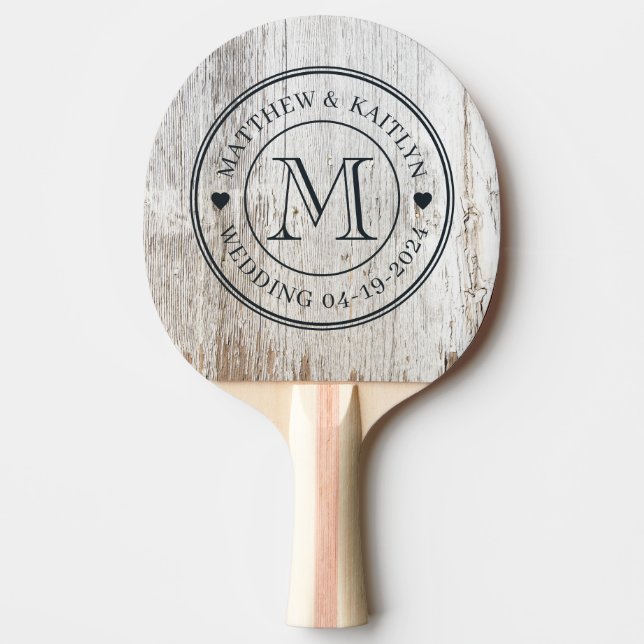 Weathered White Washed Wood Wedding Monogram Heart Ping Pong Paddle (Front)