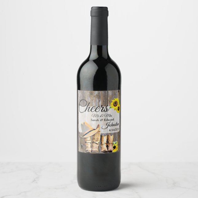Weathered Wood and Sunflowers Wedding Wine Label (Front)