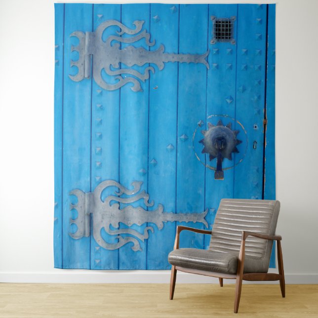 Weathered Wood Bright Blue Door Backdrop Tunisia Tapestry (In Situ)