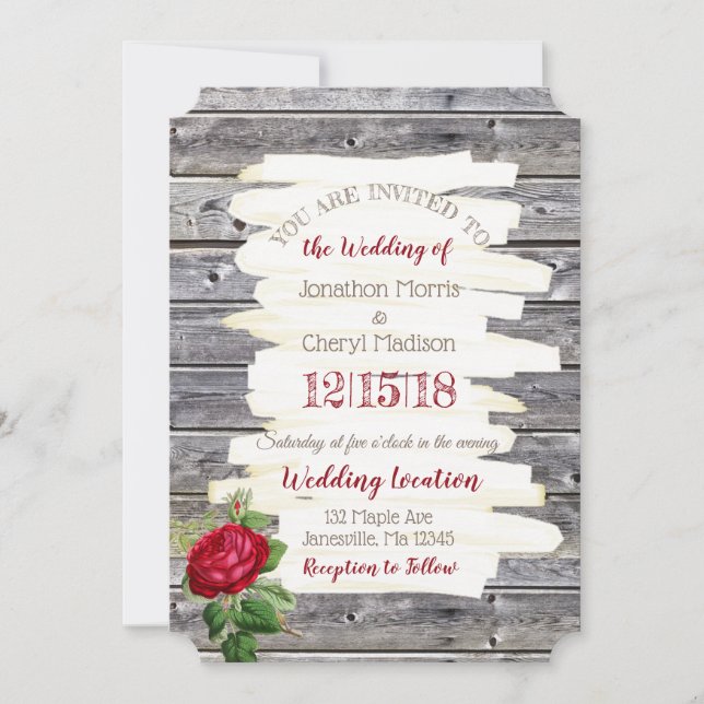 Weathered Wood Burgundy Rose Wedding Invitation (Front)