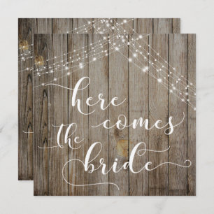 Weathered Wood & Lights Here Comes the Bride Card