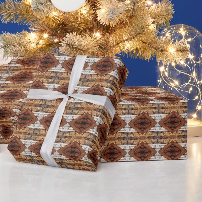 Weathered Wood Planks Diamond Pattern Mixed Media  Wrapping Paper (Holidays)