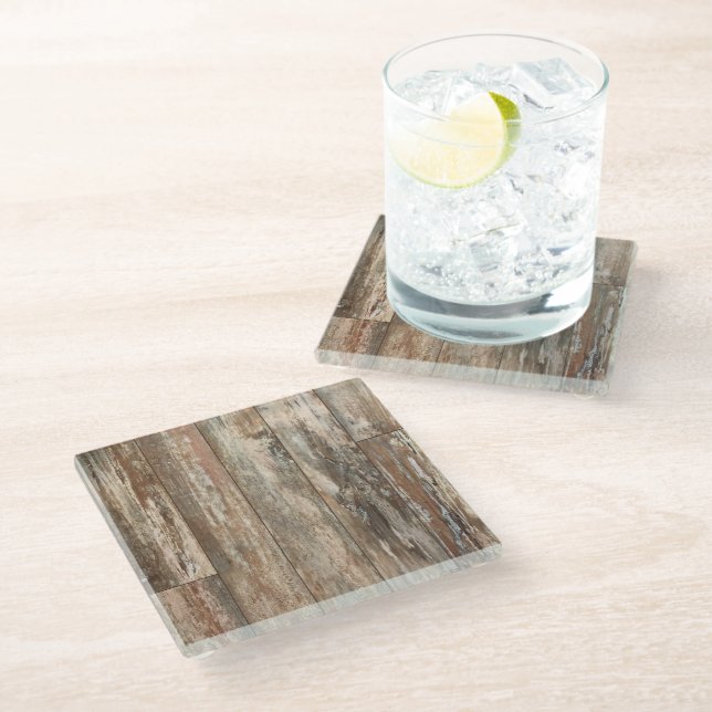 Weathered Wood Texture Rustic Decor Glass Coaster (Angled)