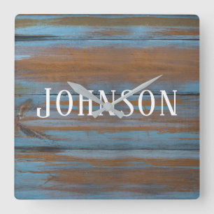 weathered wood with family name square wall clock
