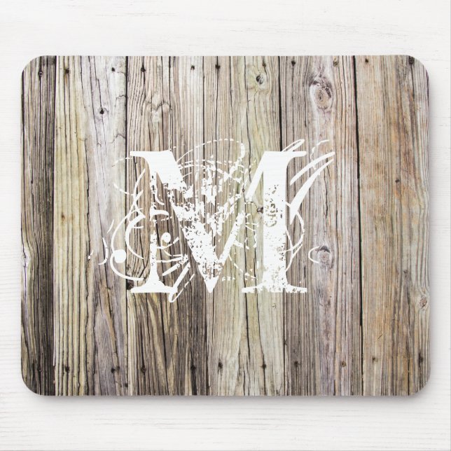 Weathered Wood with Shabby Chic Monogram Mouse Mat (Front)