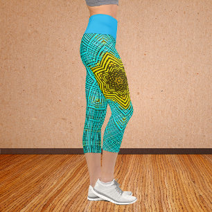 Weave Mandala Blue and Yellow Capri Leggings