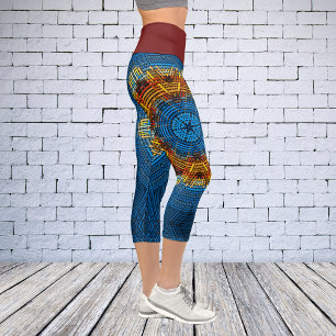 Weave Mandala Blue Yellow and Red Capri Leggings